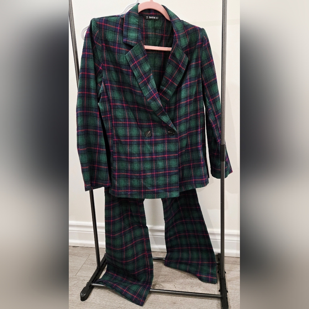 NWOT - Tartan Print Double Breasted Blazer and Flared Leg Pants Set